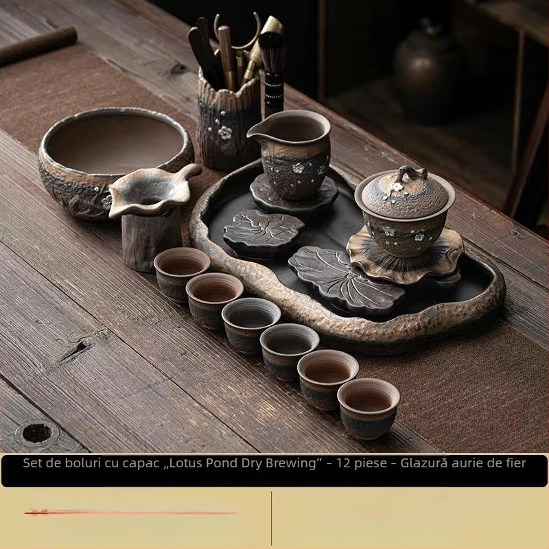 Set ceai Kung Fu ceramic, stil retro, pentru uz casnic, cu bol acoperit și ceainic cu mâner, pentru 6 persoane, potrivit pentru oaspeți și birou