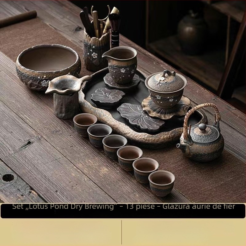 Set ceai Kung Fu ceramic, stil retro, pentru uz casnic, cu bol acoperit și ceainic cu mâner, pentru 6 persoane, potrivit pentru oaspeți și birou