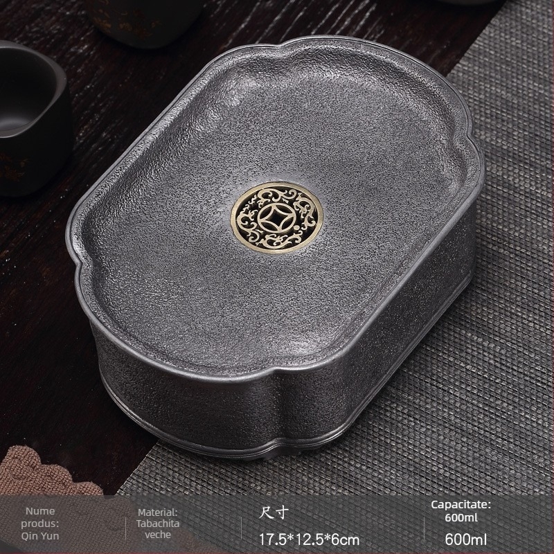 Tavă de ceai emailată din tin, stil japonez vintage, set Gongfu — suport pentru ceainic și recipient pentru apă