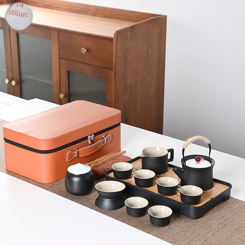 Set Gongfu de ceai portabil, stil japonez, ceramică neagră, design minimalist pentru uz casnic și în aer liber, set mare cadou