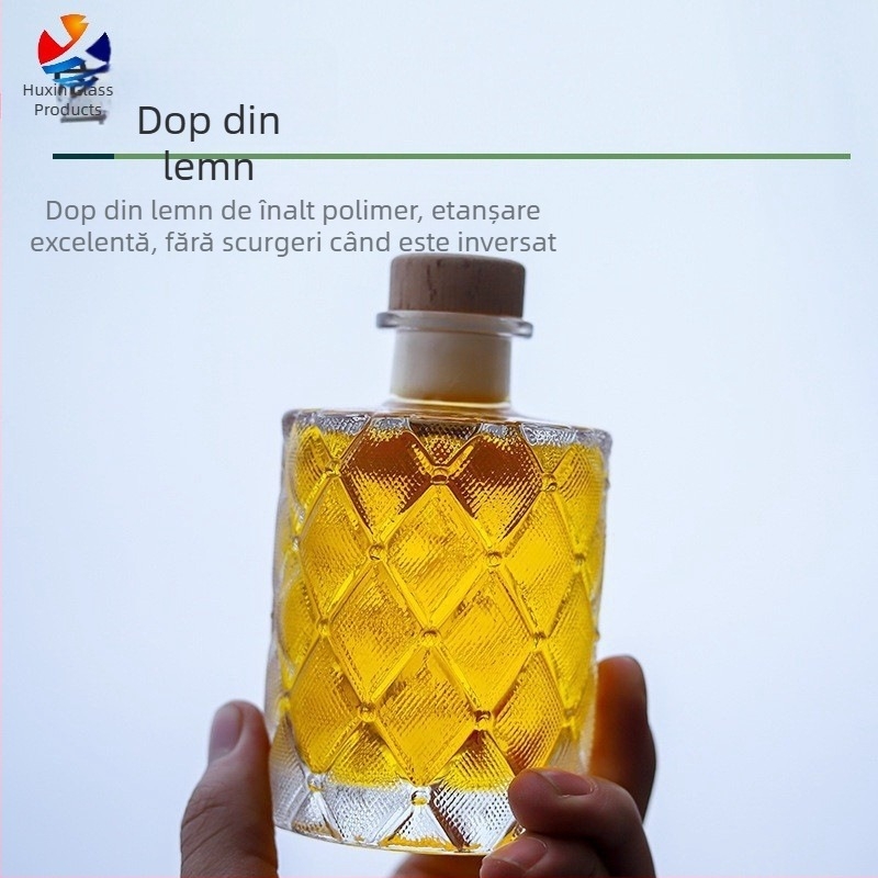 Sticlă de sticlă cu model diamantat, sigilată pentru vin de fructe făcut acasă, mică sticlă goală pentru porționare și extracție la rece pentru aromaterapie