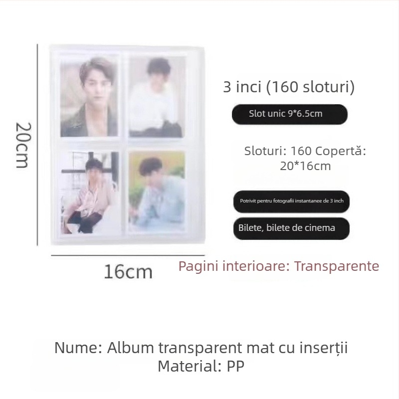 Album foto transparent cu pagini de inserare pentru fotografii de idoli, aspect cu grilă, format A5
