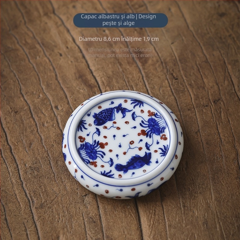 Suport ceramic pentru capac de ceainic, albastru și alb, accesoriu decorativ vintage lucrat manual pentru ceremonia ceaiului acasă