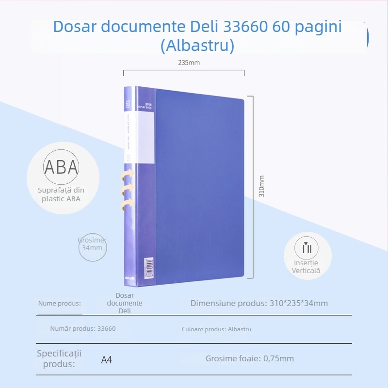 Deli 33600 serie A4, 100 de pagini – dosar multifuncțional pentru pagini și desene