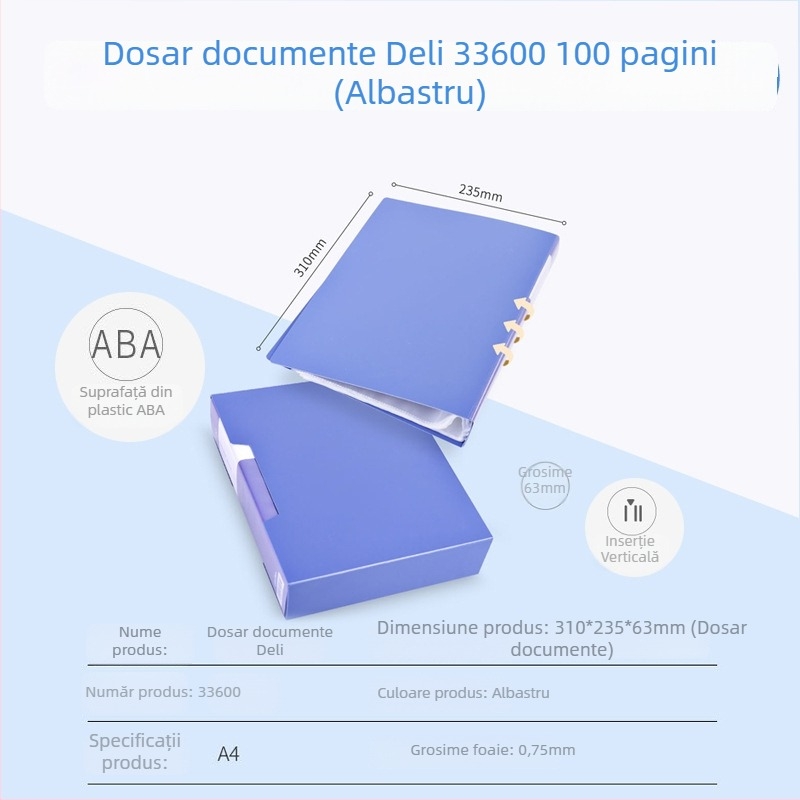 Deli 33600 serie A4, 100 de pagini – dosar multifuncțional pentru pagini și desene