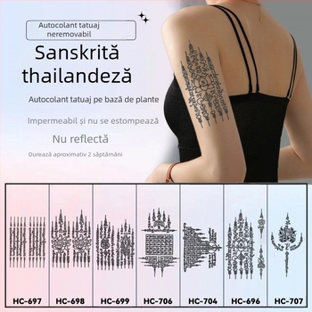 Tatuaj cu autocolant pe braț cu cinci sutre sanskrite pentru binecuvântare thailandeză – semi-permanent, rezistent la apă, fără reflexii, durabil, design floral.