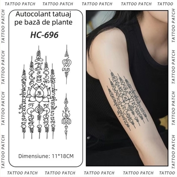 Tatuaj cu autocolant pe braț cu cinci sutre sanskrite pentru binecuvântare thailandeză – semi-permanent, rezistent la apă, fără reflexii, durabil, design floral.