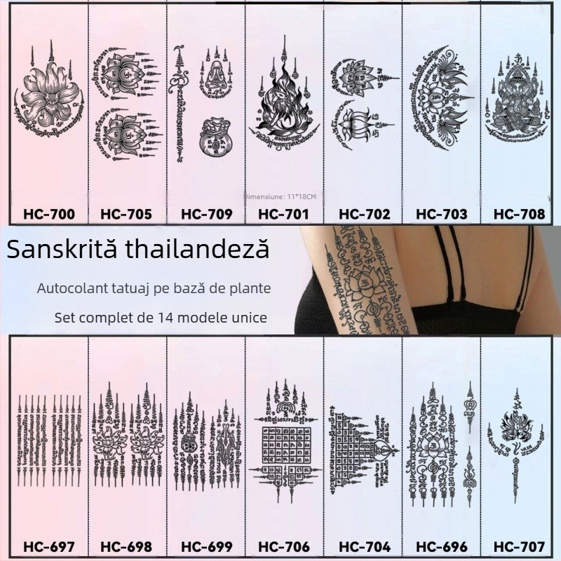 Tatuaj cu autocolant pe braț cu cinci sutre sanskrite pentru binecuvântare thailandeză – semi-permanent, rezistent la apă, fără reflexii, durabil, design floral.