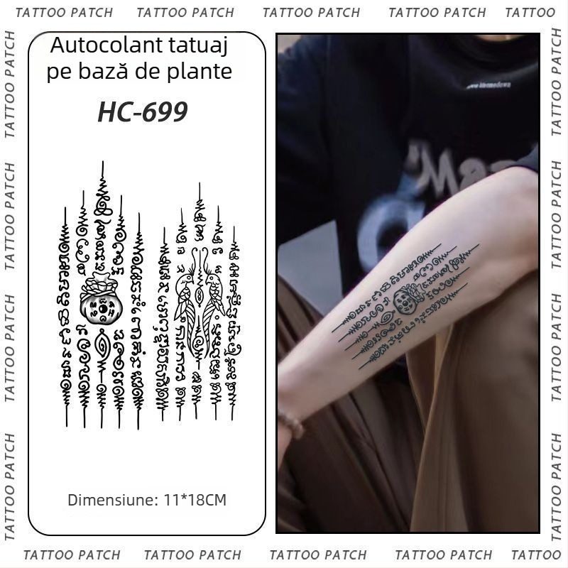 Tatuaj cu autocolant pe braț cu cinci sutre sanskrite pentru binecuvântare thailandeză – semi-permanent, rezistent la apă, fără reflexii, durabil, design floral.