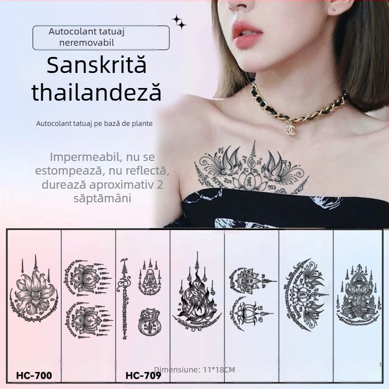 Tatuaj cu autocolant pe braț cu cinci sutre sanskrite pentru binecuvântare thailandeză – semi-permanent, rezistent la apă, fără reflexii, durabil, design floral.