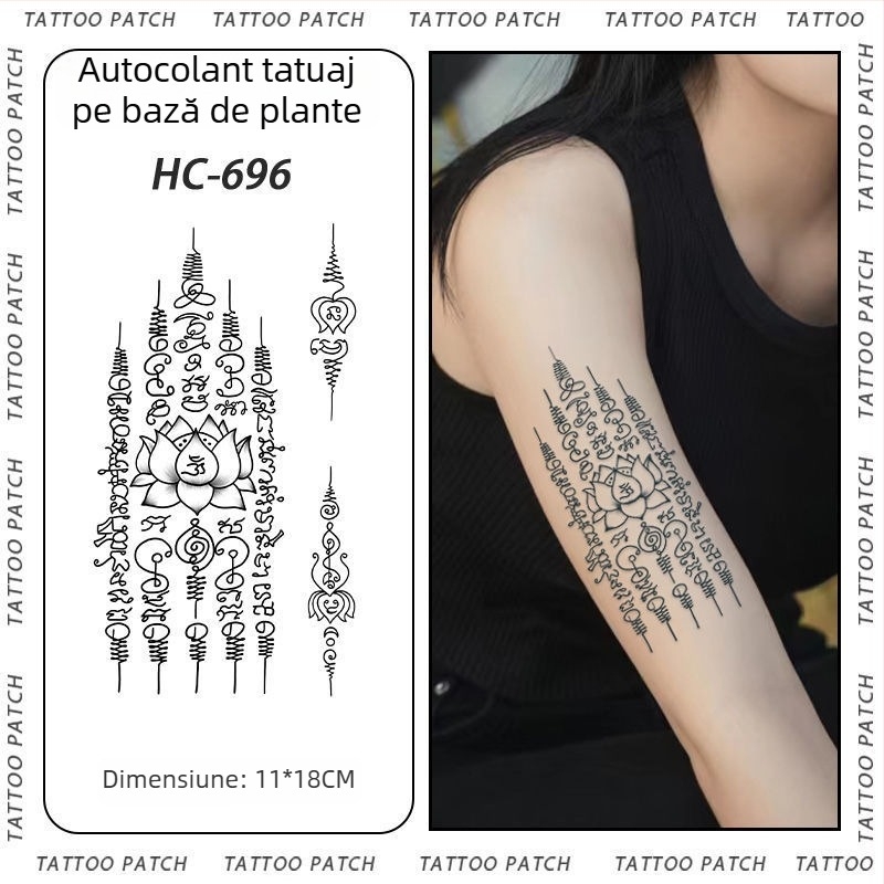 Tatuaj cu autocolant pe braț cu cinci sutre sanskrite pentru binecuvântare thailandeză – semi-permanent, rezistent la apă, fără reflexii, durabil, design floral.