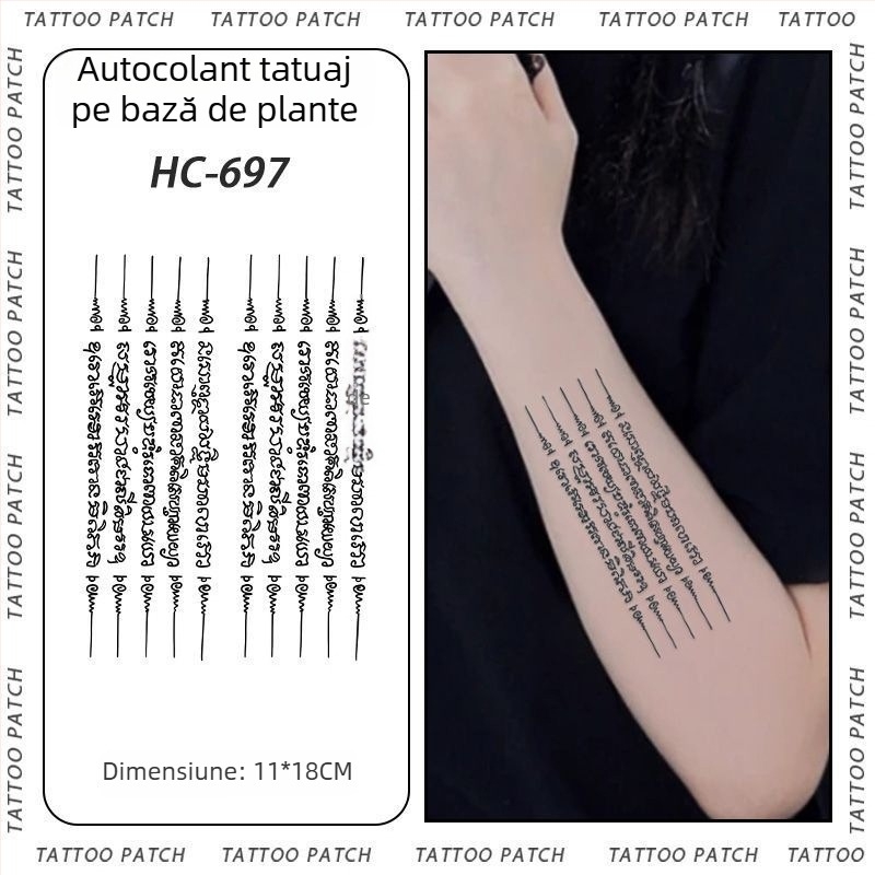 Tatuaj cu autocolant pe braț cu cinci sutre sanskrite pentru binecuvântare thailandeză – semi-permanent, rezistent la apă, fără reflexii, durabil, design floral.
