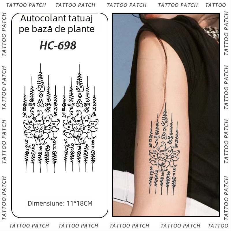 Tatuaj cu autocolant pe braț cu cinci sutre sanskrite pentru binecuvântare thailandeză – semi-permanent, rezistent la apă, fără reflexii, durabil, design floral.