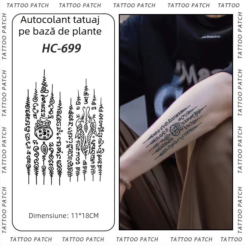 Tatuaj cu autocolant pe braț cu cinci sutre sanskrite pentru binecuvântare thailandeză – semi-permanent, rezistent la apă, fără reflexii, durabil, design floral.