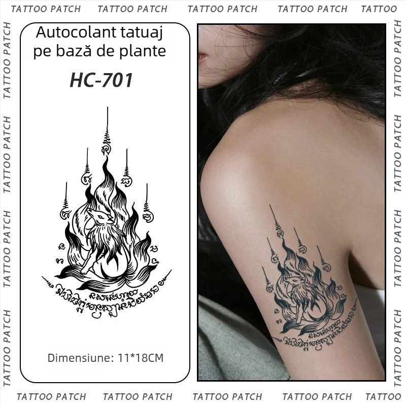 Tatuaj cu autocolant pe braț cu cinci sutre sanskrite pentru binecuvântare thailandeză – semi-permanent, rezistent la apă, fără reflexii, durabil, design floral.