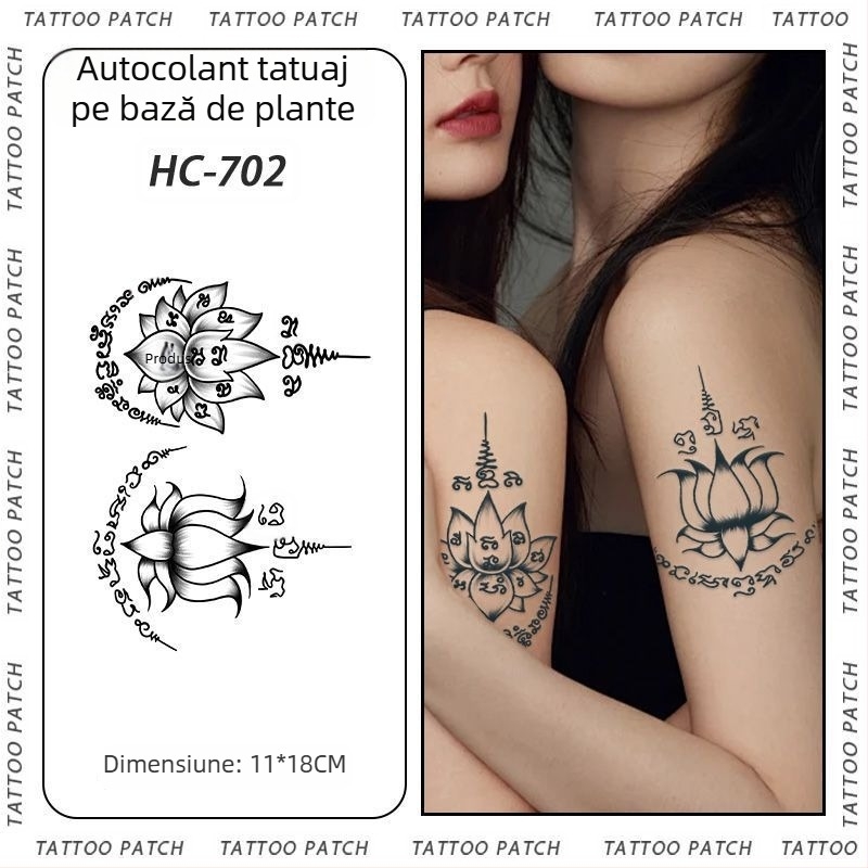 Tatuaj cu autocolant pe braț cu cinci sutre sanskrite pentru binecuvântare thailandeză – semi-permanent, rezistent la apă, fără reflexii, durabil, design floral.