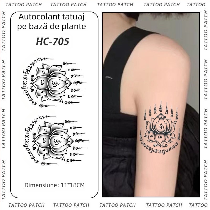 Tatuaj cu autocolant pe braț cu cinci sutre sanskrite pentru binecuvântare thailandeză – semi-permanent, rezistent la apă, fără reflexii, durabil, design floral.