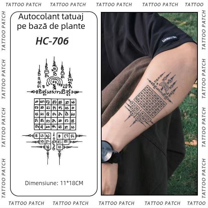 Tatuaj cu autocolant pe braț cu cinci sutre sanskrite pentru binecuvântare thailandeză – semi-permanent, rezistent la apă, fără reflexii, durabil, design floral.