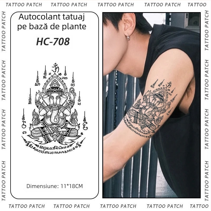 Tatuaj cu autocolant pe braț cu cinci sutre sanskrite pentru binecuvântare thailandeză – semi-permanent, rezistent la apă, fără reflexii, durabil, design floral.