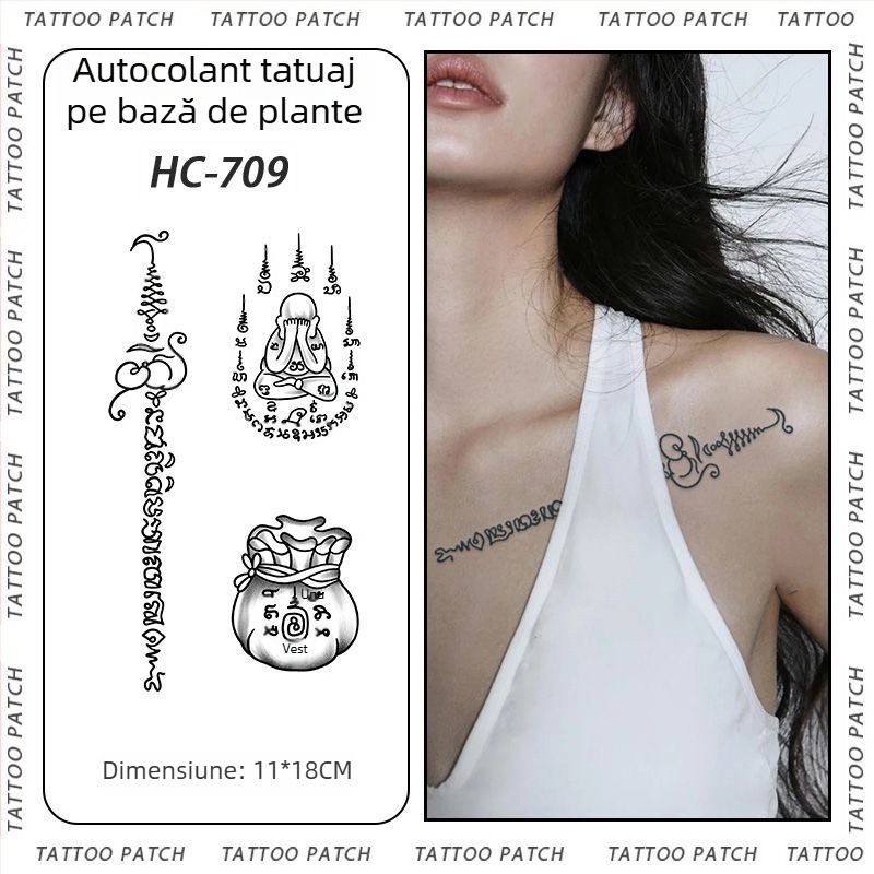 Tatuaj cu autocolant pe braț cu cinci sutre sanskrite pentru binecuvântare thailandeză – semi-permanent, rezistent la apă, fără reflexii, durabil, design floral.