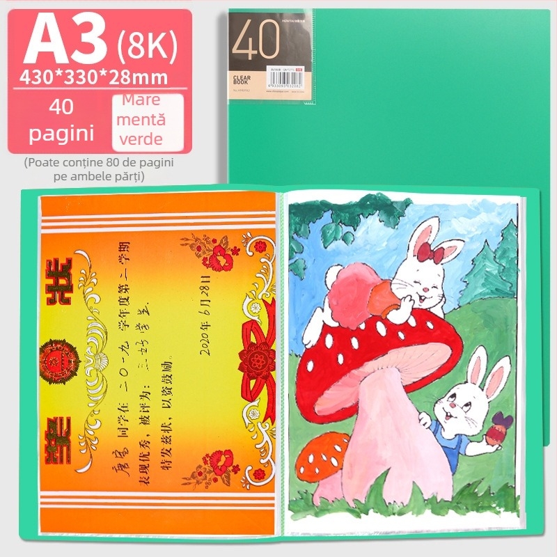 Hongtai A2 Album pentru depozitarea operelor elevilor și copiilor, Geantă de portofoliu A3, Hârtie de desen 4K, Poster de pictură 8K, Dosar alb pentru documente