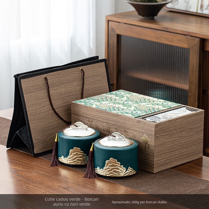 Set cadou de ceai într-o cutie, cu ceai Longjing și Xinyang Maojian, ambalaj elegant și recipient ceramic