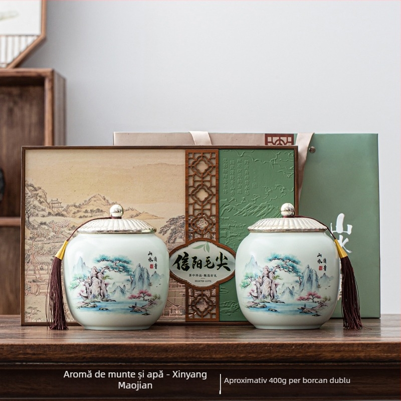 Set cadou de ceai într-o cutie, cu ceai Longjing și Xinyang Maojian, ambalaj elegant și recipient ceramic