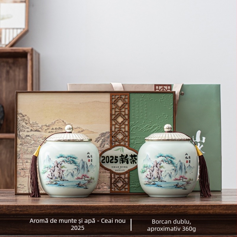 Set cadou de ceai într-o cutie, cu ceai Longjing și Xinyang Maojian, ambalaj elegant și recipient ceramic