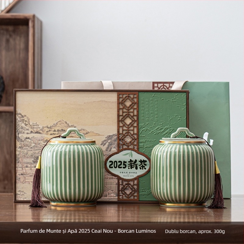 Set cadou de ceai într-o cutie, cu ceai Longjing și Xinyang Maojian, ambalaj elegant și recipient ceramic