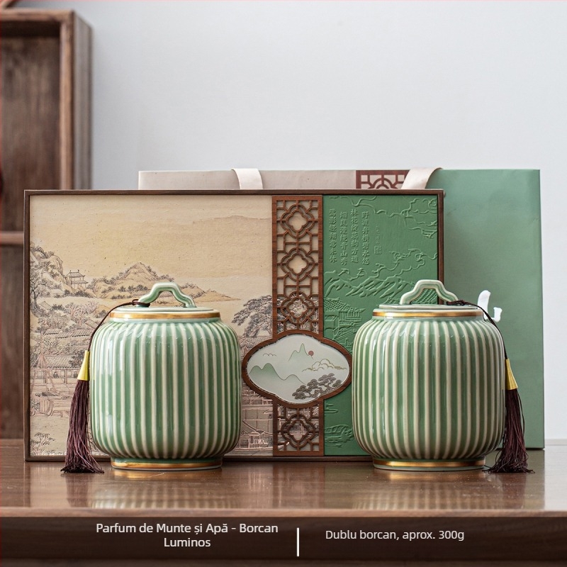 Set cadou de ceai într-o cutie, cu ceai Longjing și Xinyang Maojian, ambalaj elegant și recipient ceramic