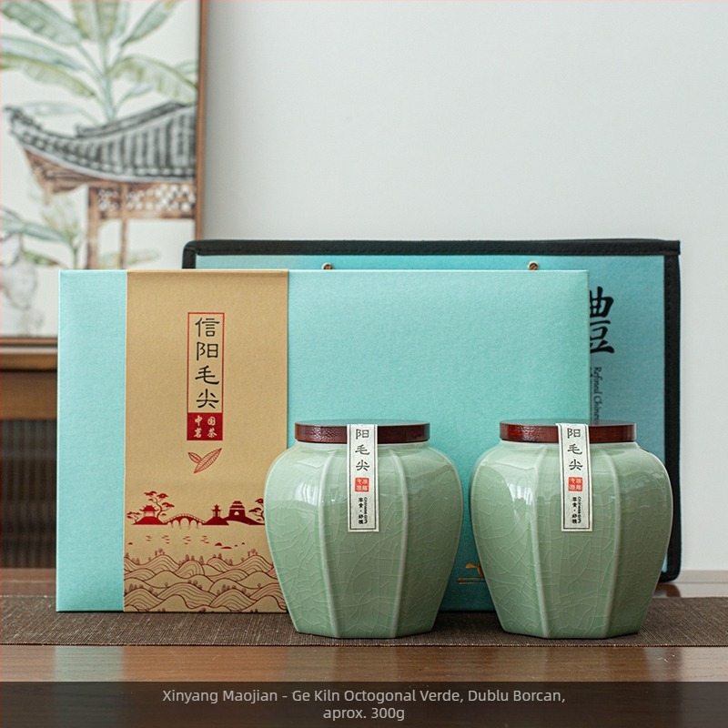 Set cadou de ceai într-o cutie, cu ceai Longjing și Xinyang Maojian, ambalaj elegant și recipient ceramic