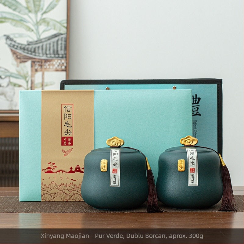 Set cadou de ceai într-o cutie, cu ceai Longjing și Xinyang Maojian, ambalaj elegant și recipient ceramic