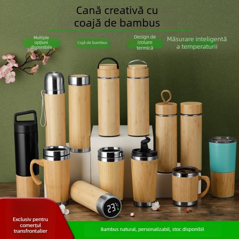 Cană termos cu pereți dubli din oțel inoxidabil 304, înveliș din bambus, izolație vid, portabilă pentru exterior – cadou