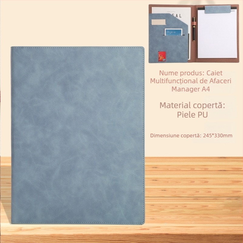 Mapă A4 din piele, multifuncțională pentru documente, cu clemă și panou, organizator de fișiere