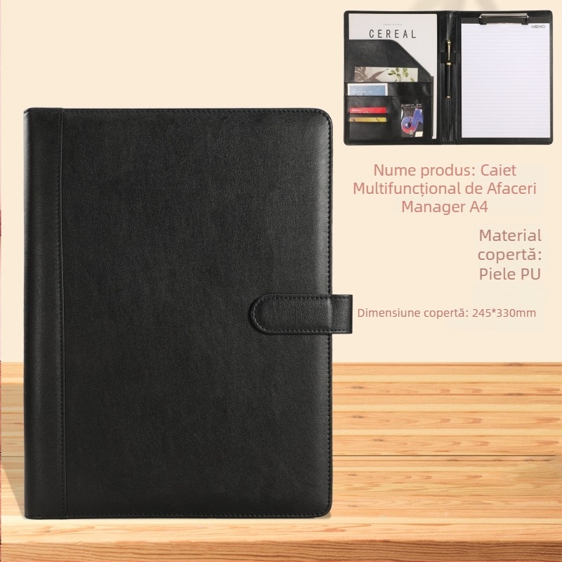 Mapă A4 din piele, multifuncțională pentru documente, cu clemă și panou, organizator de fișiere