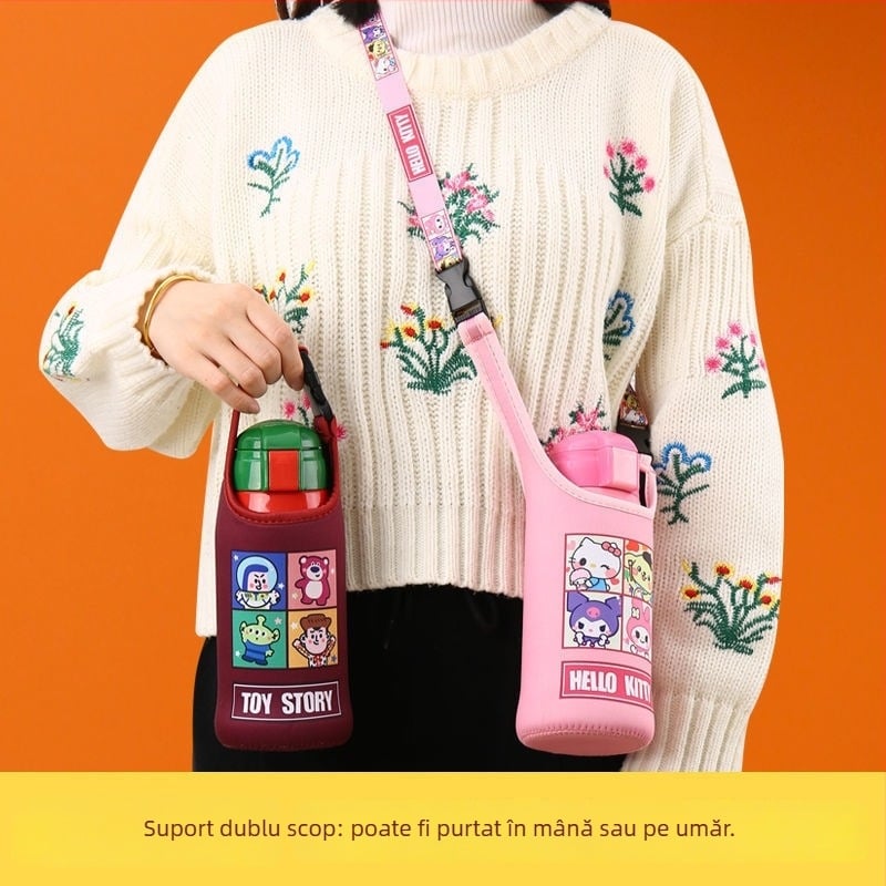 Husă izolatoare pentru cană în design desen animat, curea crossbody și mâner, izolație