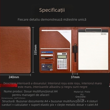 Mapă A4 pentru manager, piele PU, mapă multifuncțională pentru documente, negocieri și contracte, mapă de semnare, personalizabilă