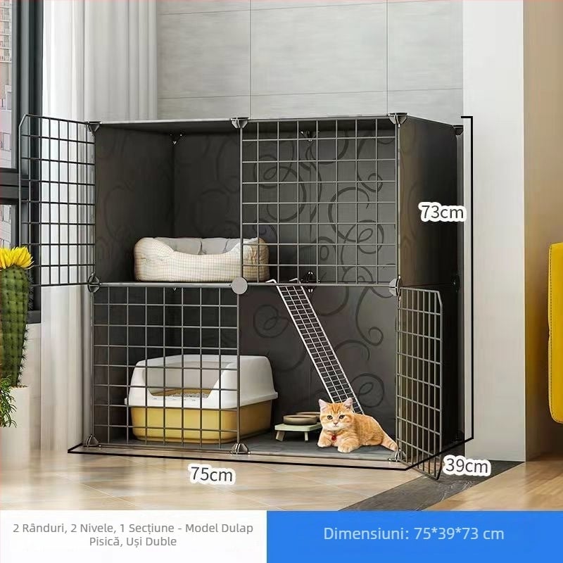 Cușcă pentru pisici din oțel inoxidabil, interior, cu două etaje, spațiu interior amplu pentru pisicuțe