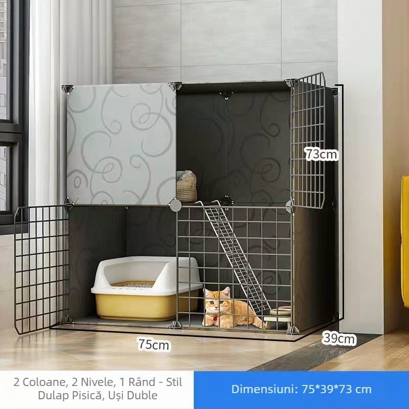 Cușcă pentru pisici din oțel inoxidabil, interior, cu două etaje, spațiu interior amplu pentru pisicuțe