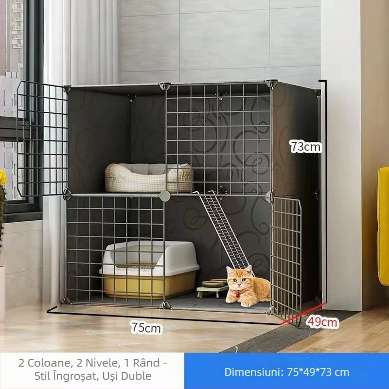 Cușcă pentru pisici din oțel inoxidabil, interior, cu două etaje, spațiu interior amplu pentru pisicuțe