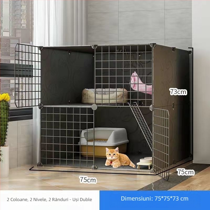 Cușcă pentru pisici din oțel inoxidabil, interior, cu două etaje, spațiu interior amplu pentru pisicuțe