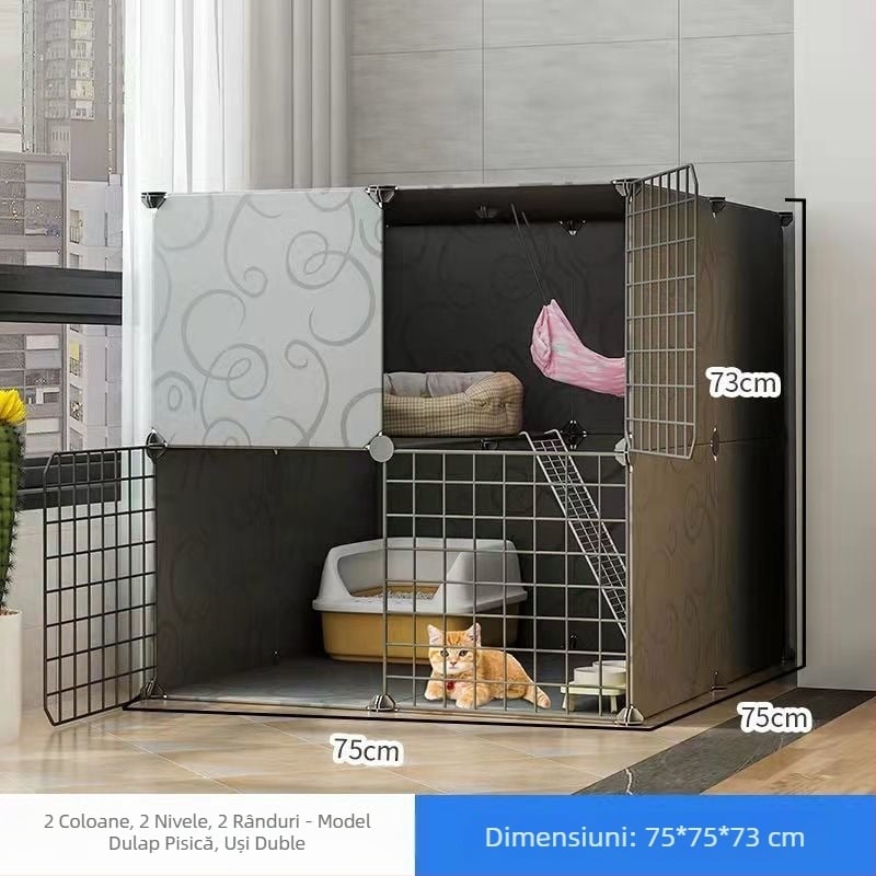 Cușcă pentru pisici din oțel inoxidabil, interior, cu două etaje, spațiu interior amplu pentru pisicuțe