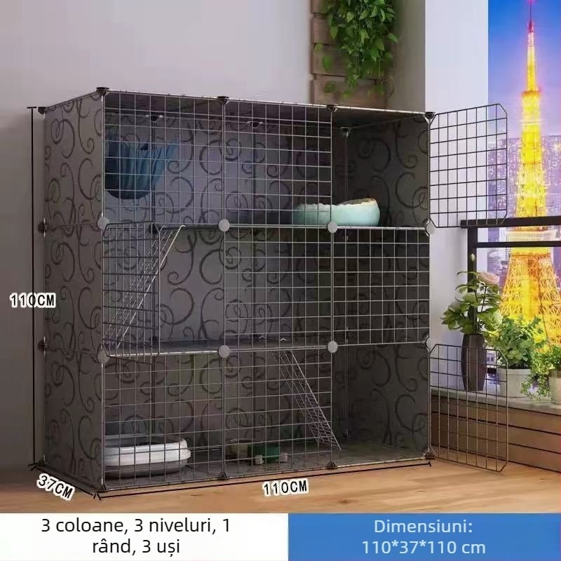 Cușcă pentru pisici din oțel inoxidabil, interior, cu două etaje, spațiu interior amplu pentru pisicuțe
