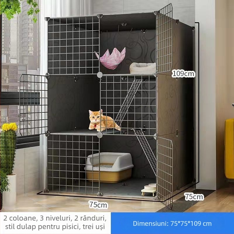 Cușcă pentru pisici din oțel inoxidabil, interior, cu două etaje, spațiu interior amplu pentru pisicuțe