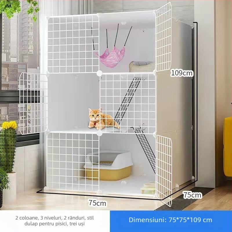 Cușcă pentru pisici din oțel inoxidabil, interior, cu două etaje, spațiu interior amplu pentru pisicuțe