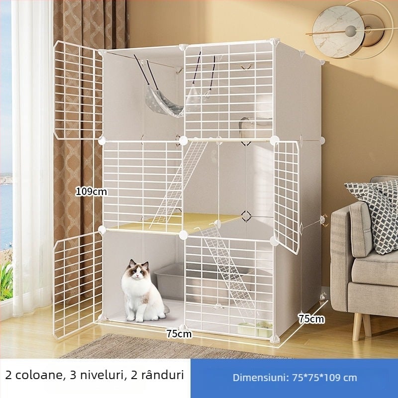 Cușcă pentru pisici din oțel inoxidabil, interior, cu două etaje, spațiu interior amplu pentru pisicuțe