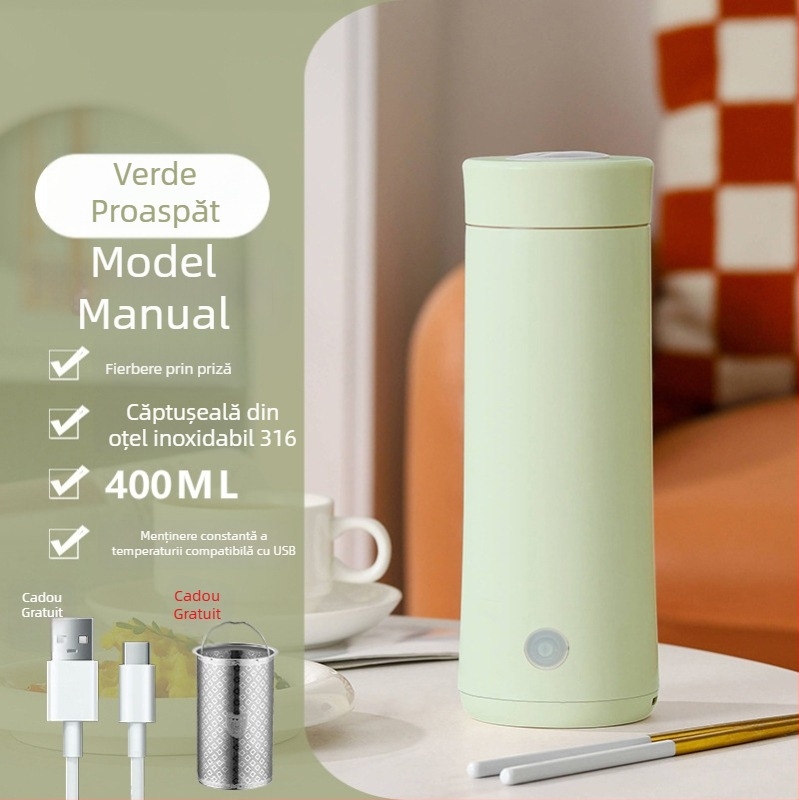 Ceașă electrică portabilă pentru fierberea apei, cu reglajul temperaturii și capac, pentru călătorii