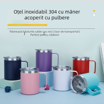Cană termică de 12oz, pereți dubli izolați, cu mâner, interior din oțel inoxidabil 304, portabilă pentru birou și călătorii