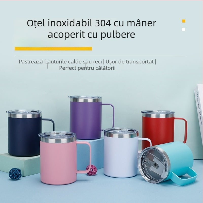 Cană termică de 12oz, pereți dubli izolați, cu mâner, interior din oțel inoxidabil 304, portabilă pentru birou și călătorii