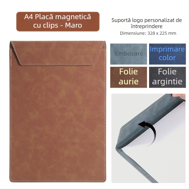 Dosar A4 din piele pentru conferințe cu clipboard, suprafață de scris și suport pentru cești – personalizare logo